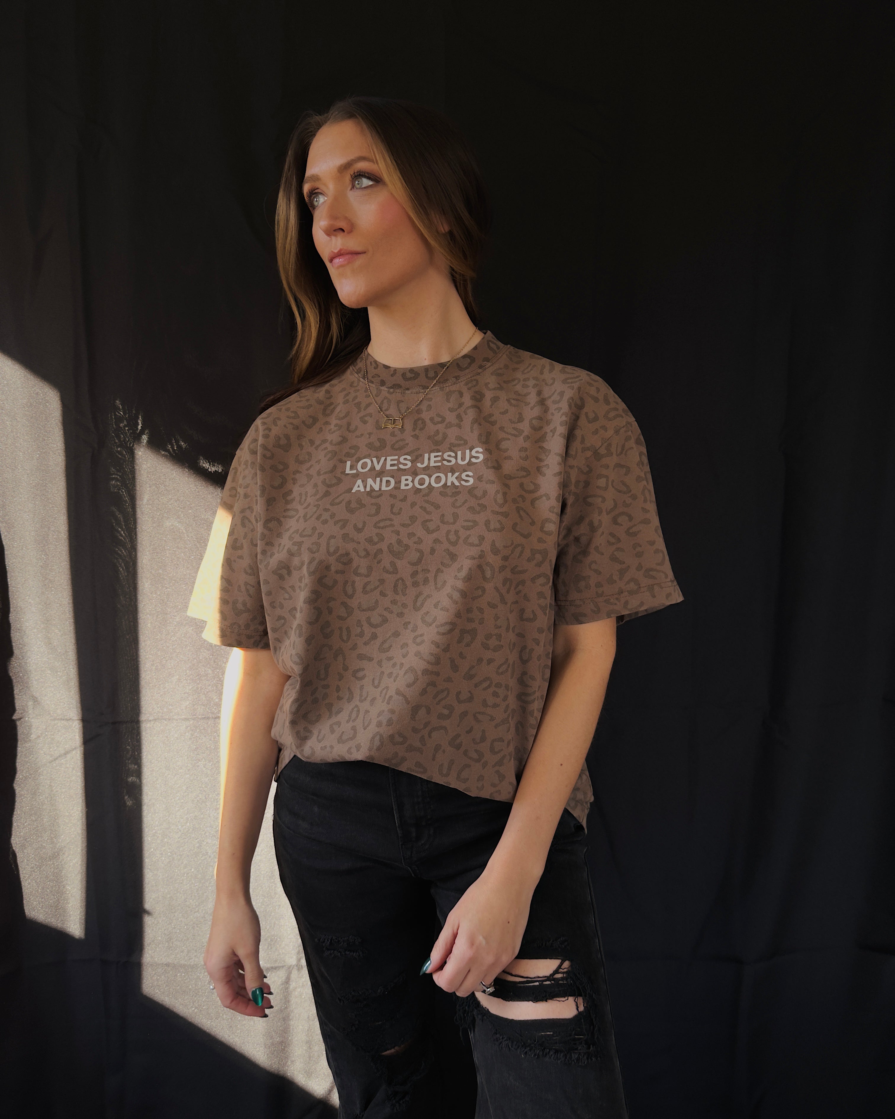 Loves Jesus And Books Leopard Tee