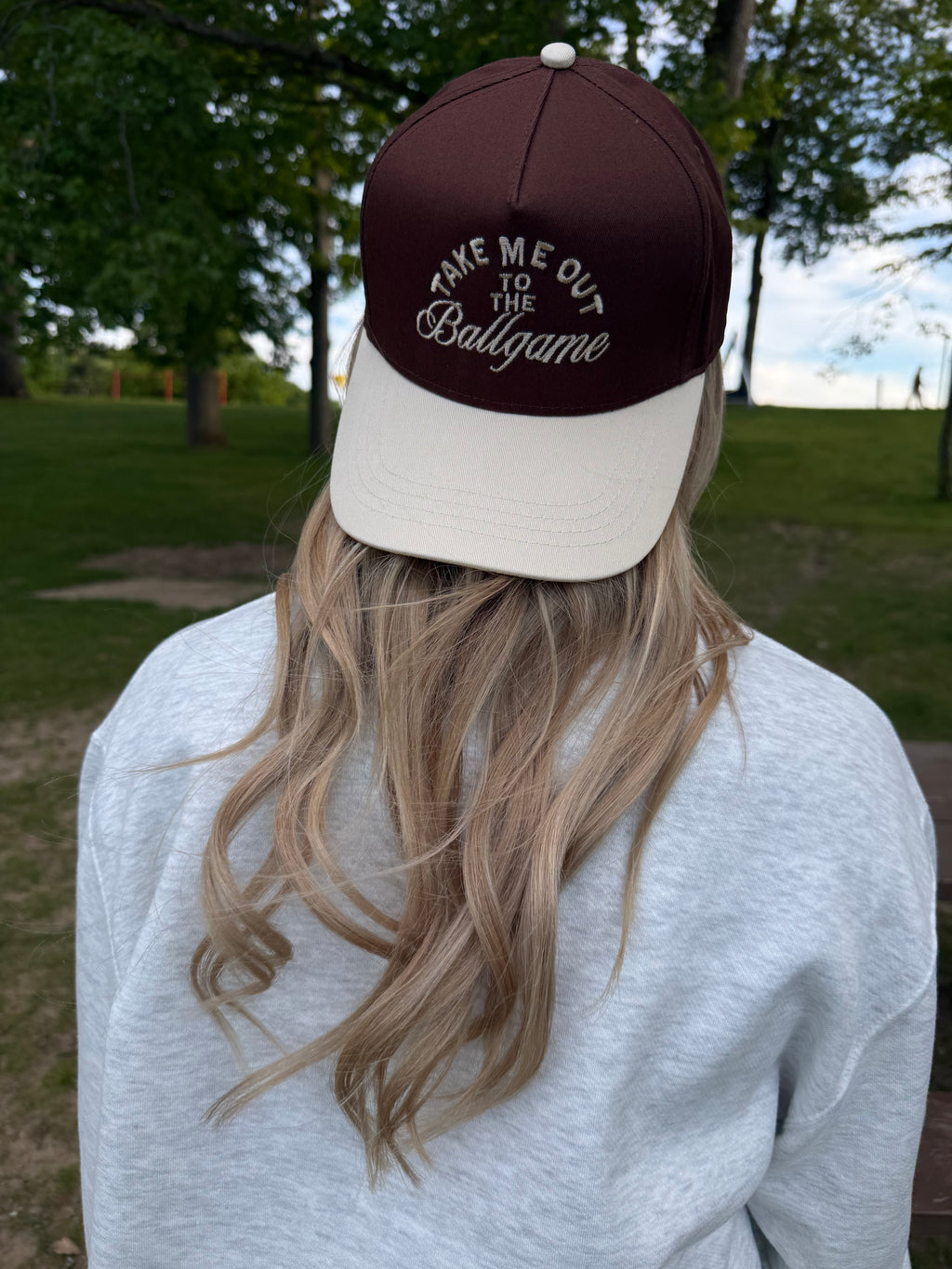 Take Me Out to the Ballgame Trucker Hat - Brown/Cream