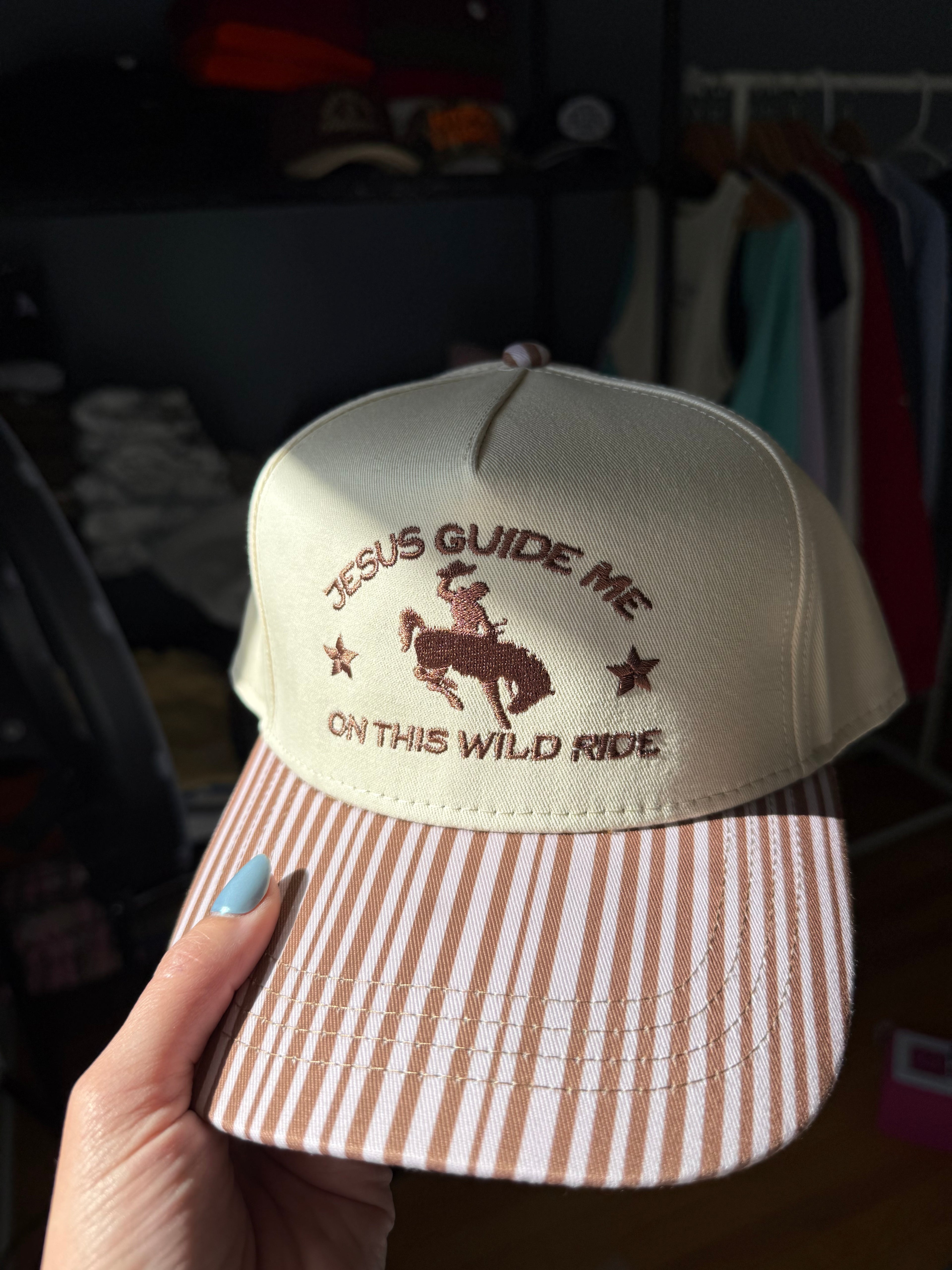 Jesus Guide Me On This Wild Ride Brown Stripe Hat